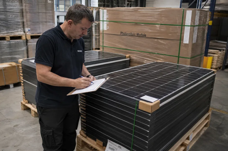 Lagerist bewegt eine Palette Solarmodule durchs Lager