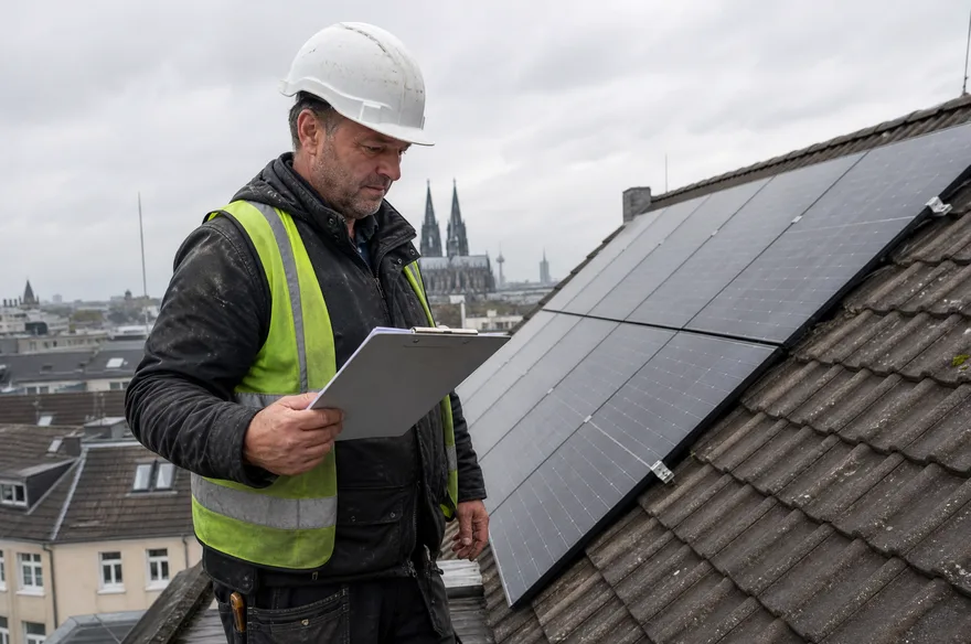 Dachdeckermeister bei der Abnahme einer Solaranlage