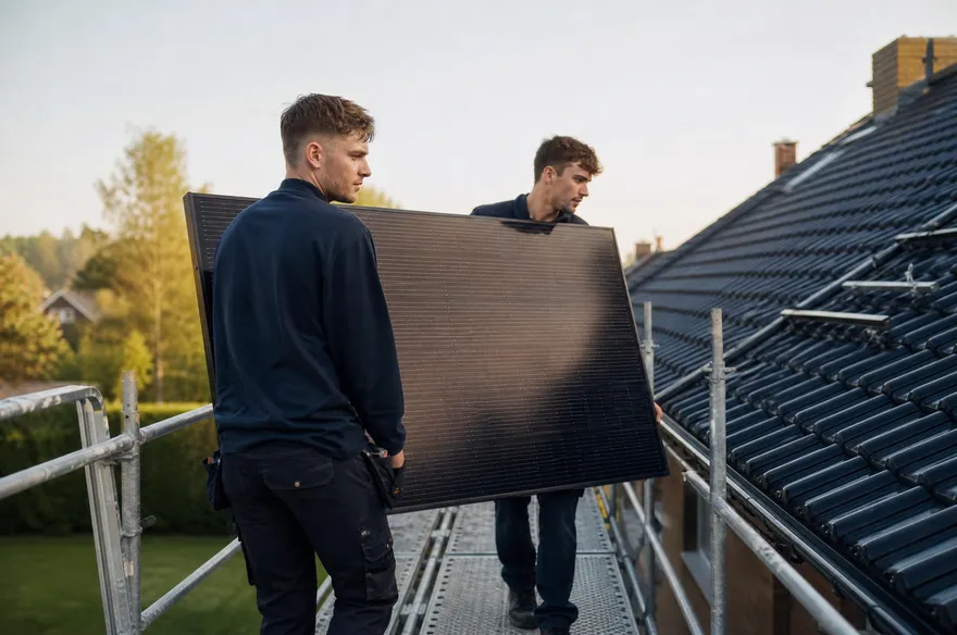 Zwei Monteure tragen ein Solarmodul über das Gerüst